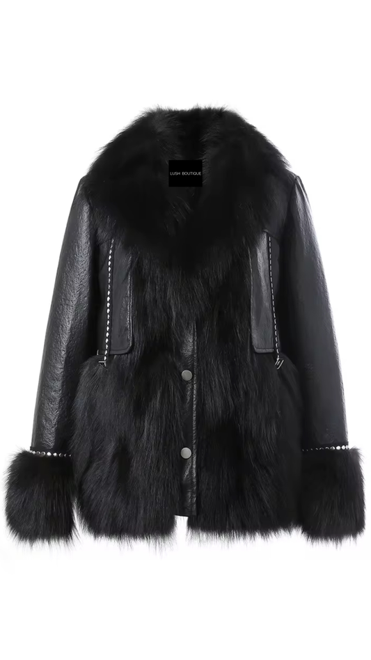 Black Shearling Fox Fur-Trim Jacket