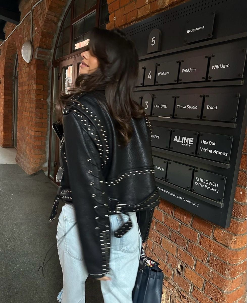 Rivet-Trim Studded Leather Jacket