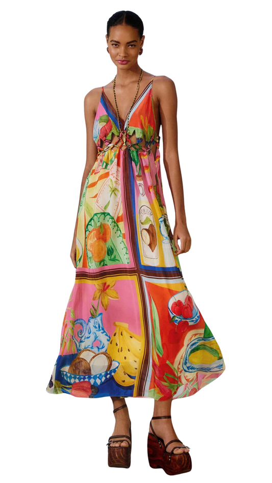 Multicolor Summer Picnic Macrame Yoke Maxi Dress