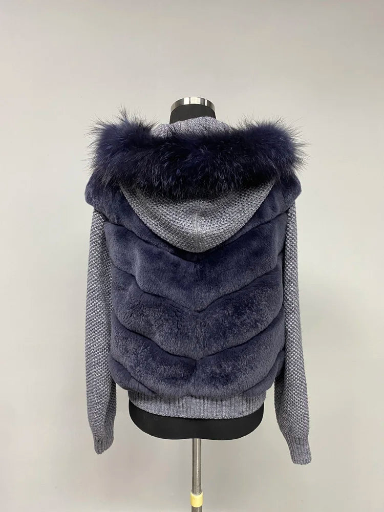 Alpine Lapin Fox Fur trip jacket
-Blue