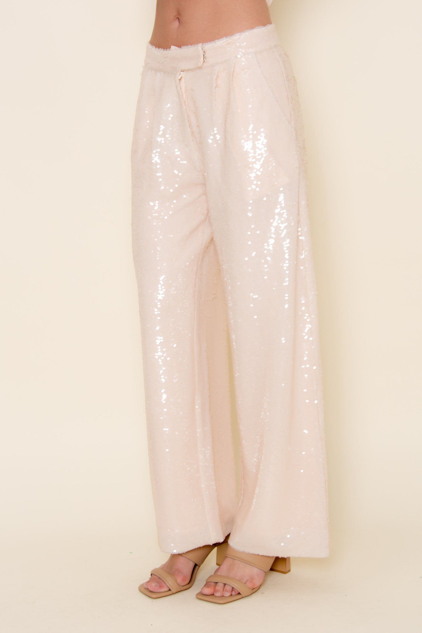 Champagne Sequin Straight-Leg Pants
