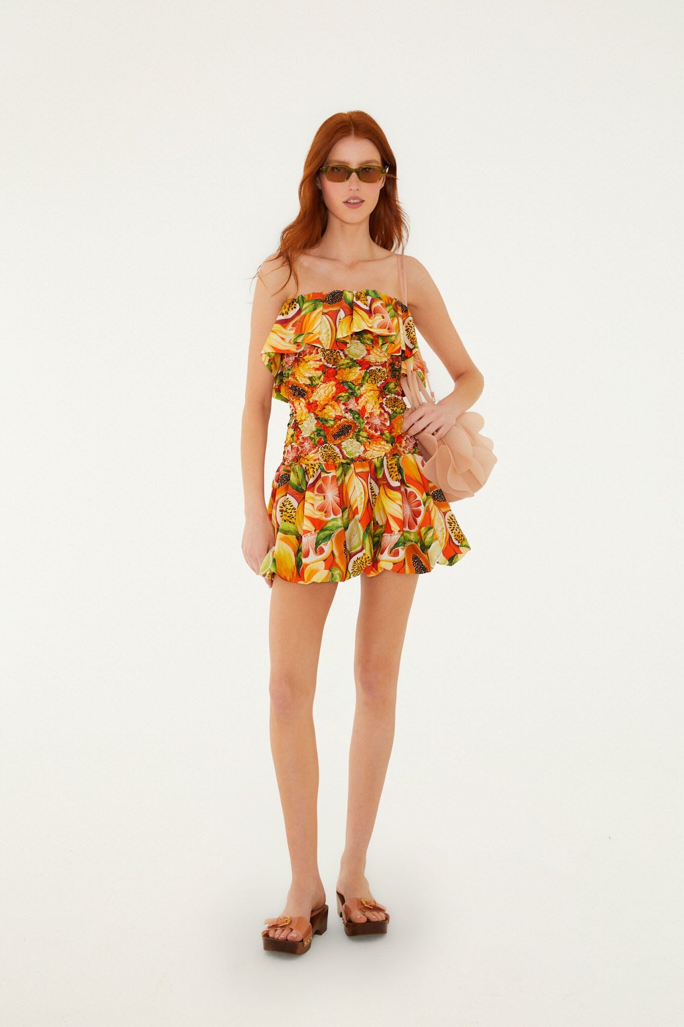 Multicolor Fruit Garden Red Smocked Balloon Mini Dress