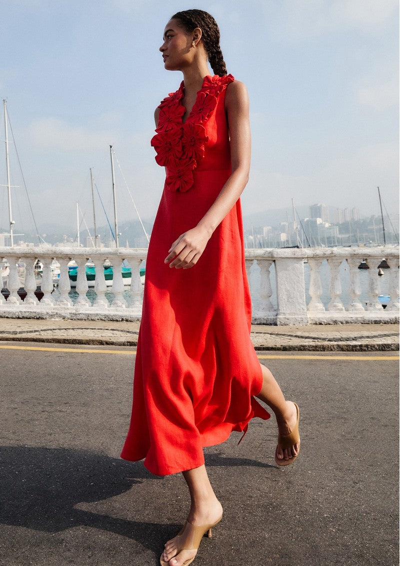 Red 3d Flower Maxi Dress
