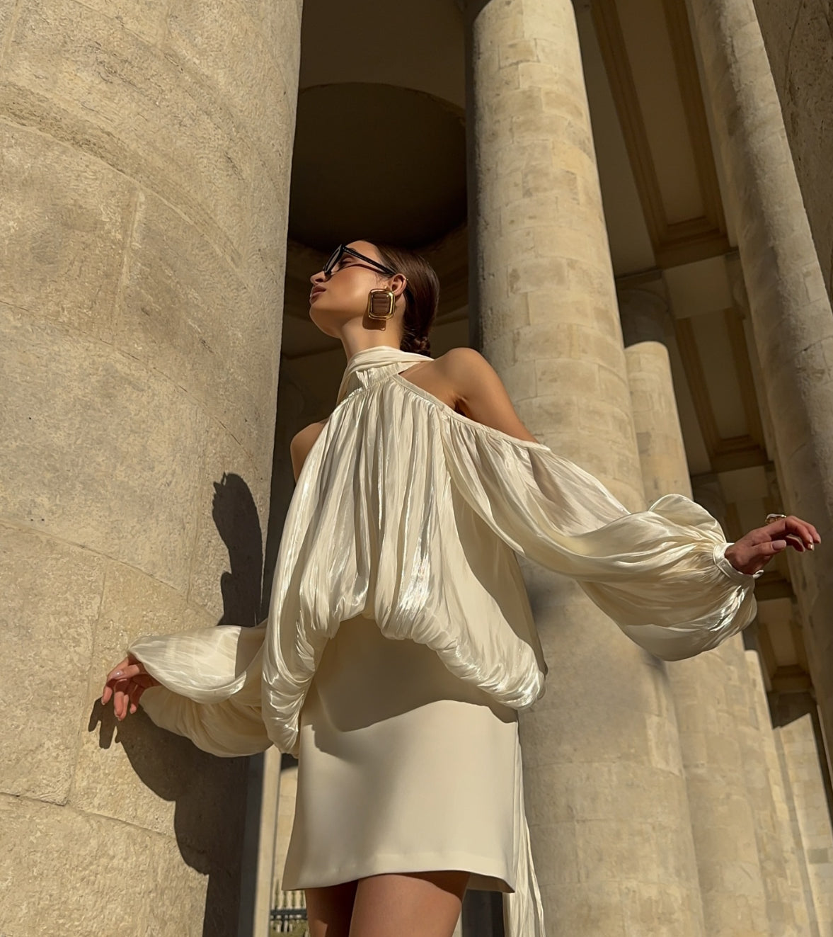 Draped Lantern Sleeve Halter Top- Butter