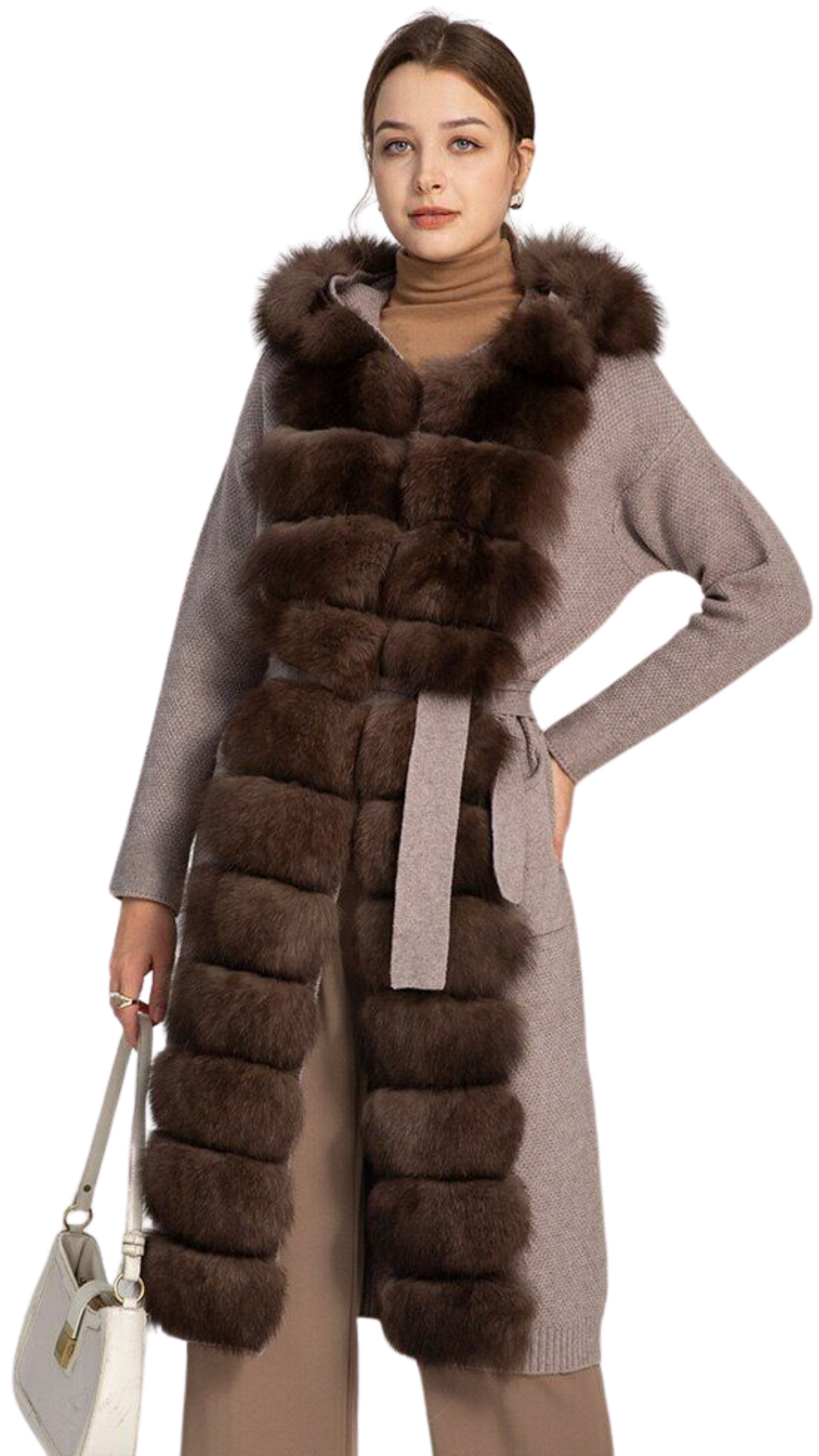 Sabina knit and Fox Fur Cardigan -Mocha