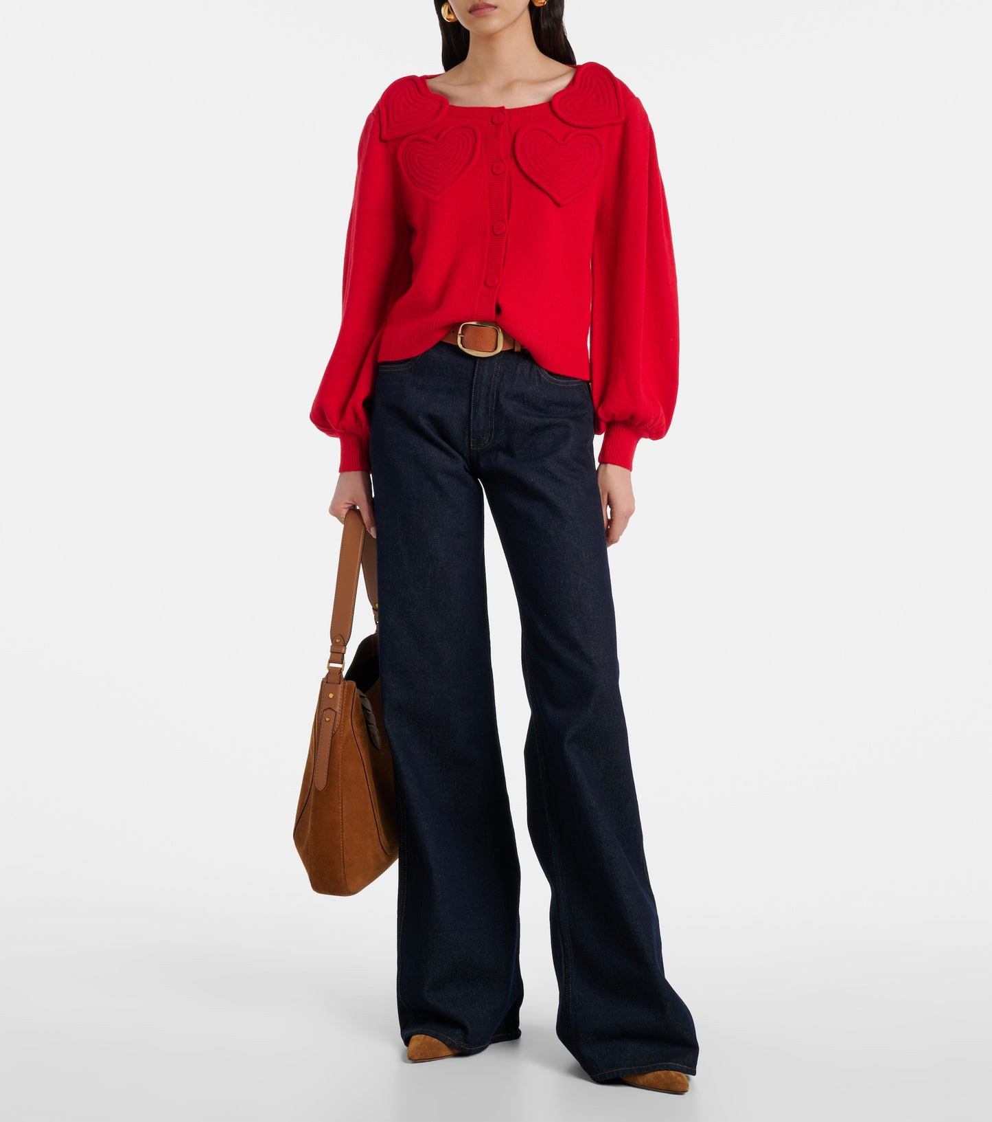 Red 3d Heartful Puff Sleeve Knit Cardigan