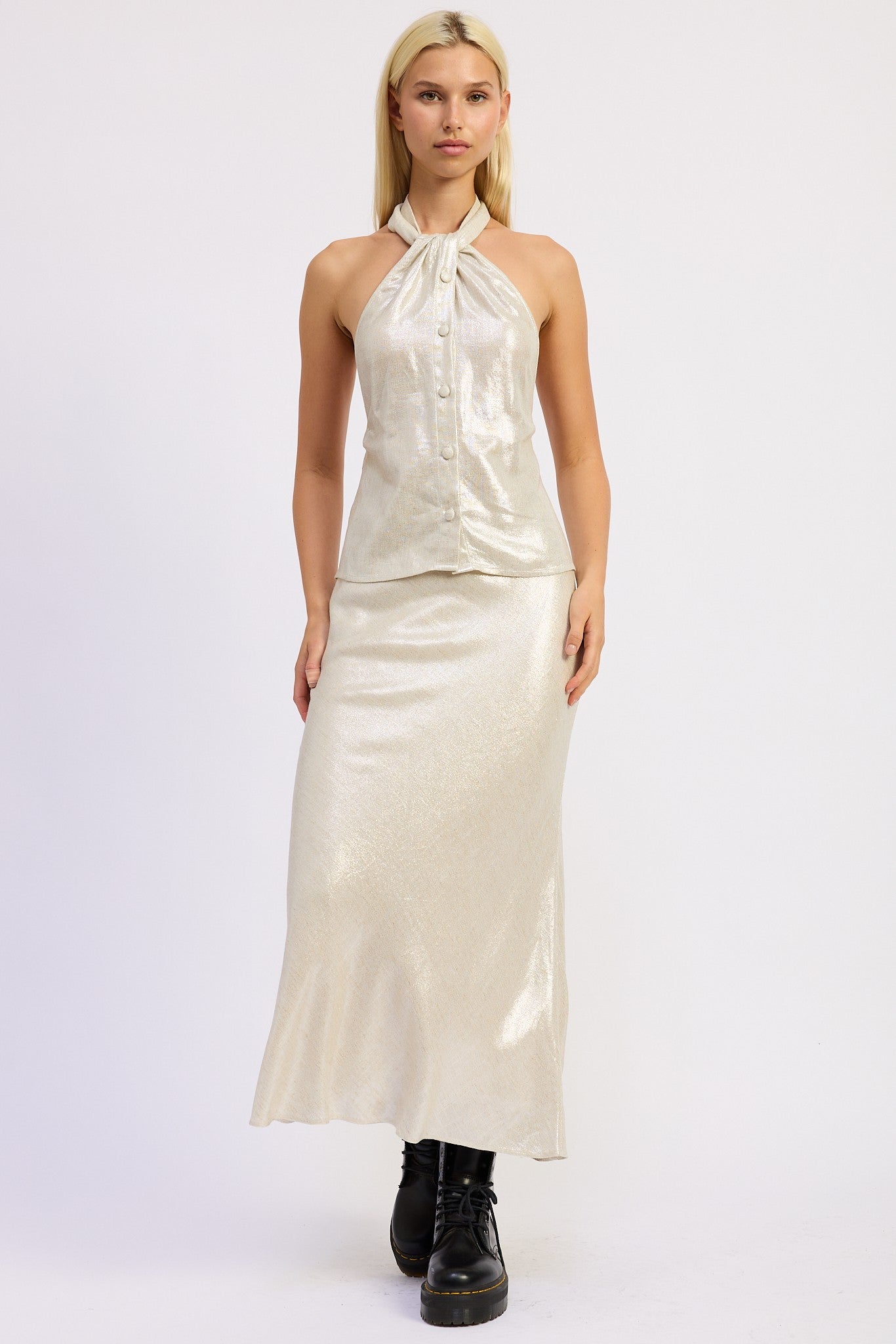 Metallic Halter Top & Midi Skirt Set – Champagne