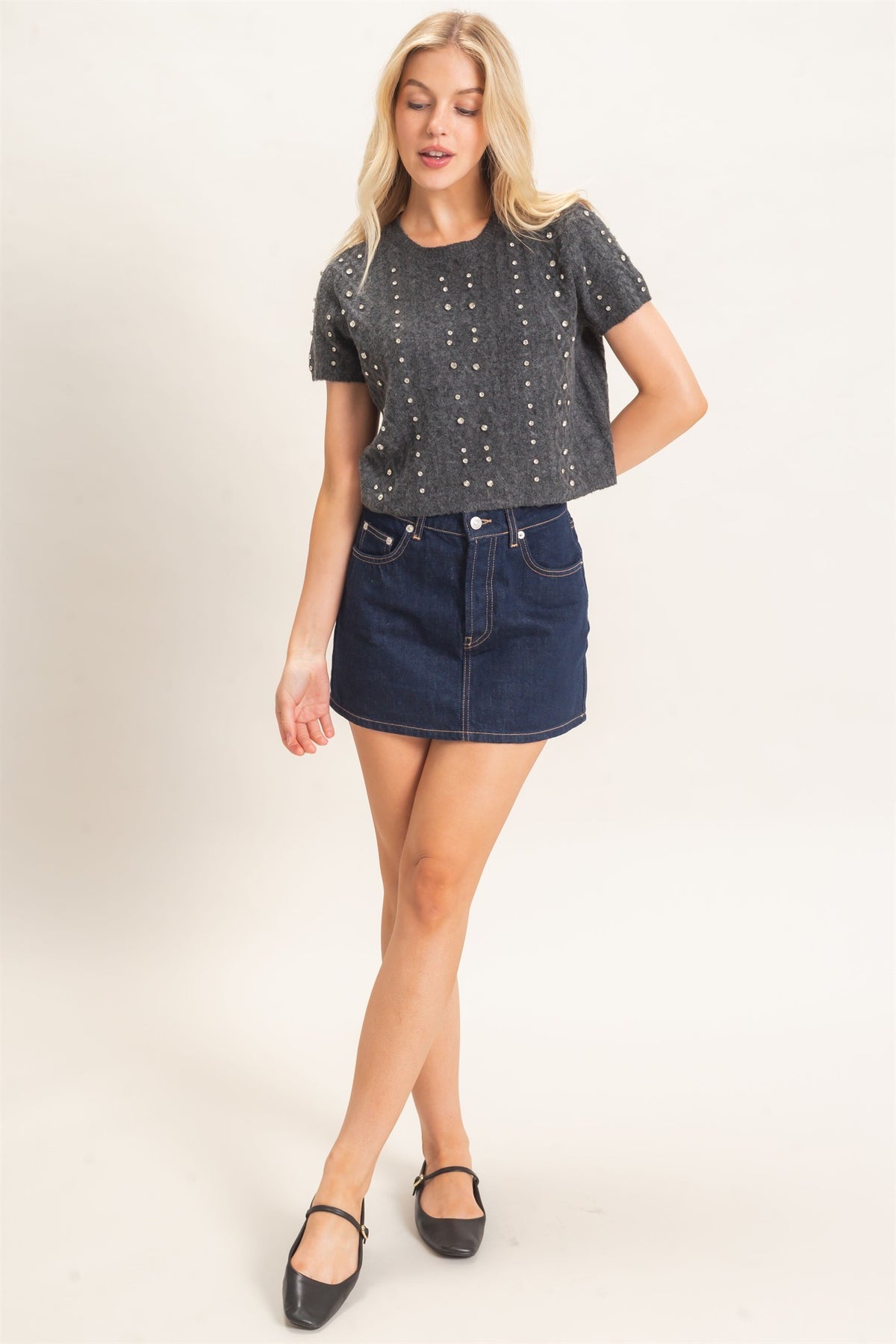 Crystal Knit Short Sleeve Top - Charcoal