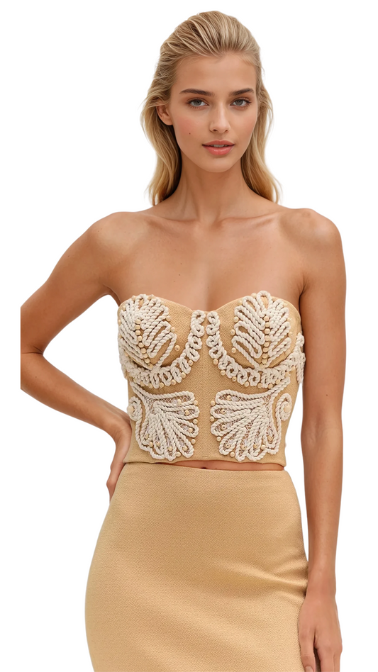 BEIGE ETHNIC KNIT CROPPED TOP