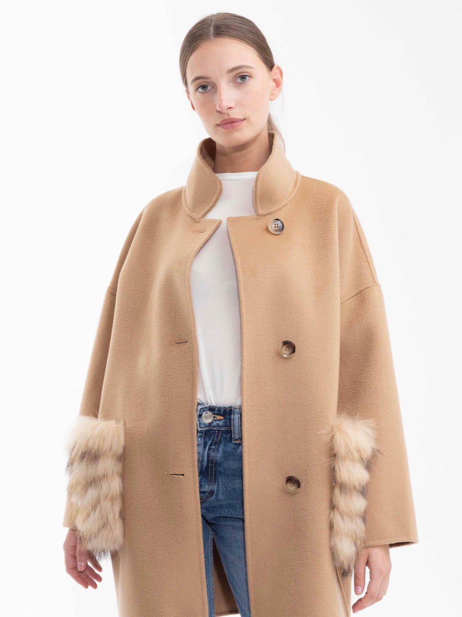 Chelsea Cashmere Coat Raccoon Pockets - Camel