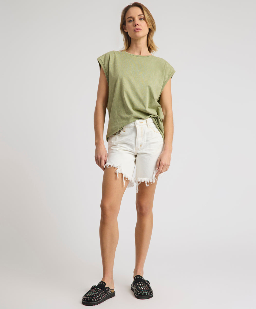 Frankies High Waist Long Length Denim Shorts - White Beauty