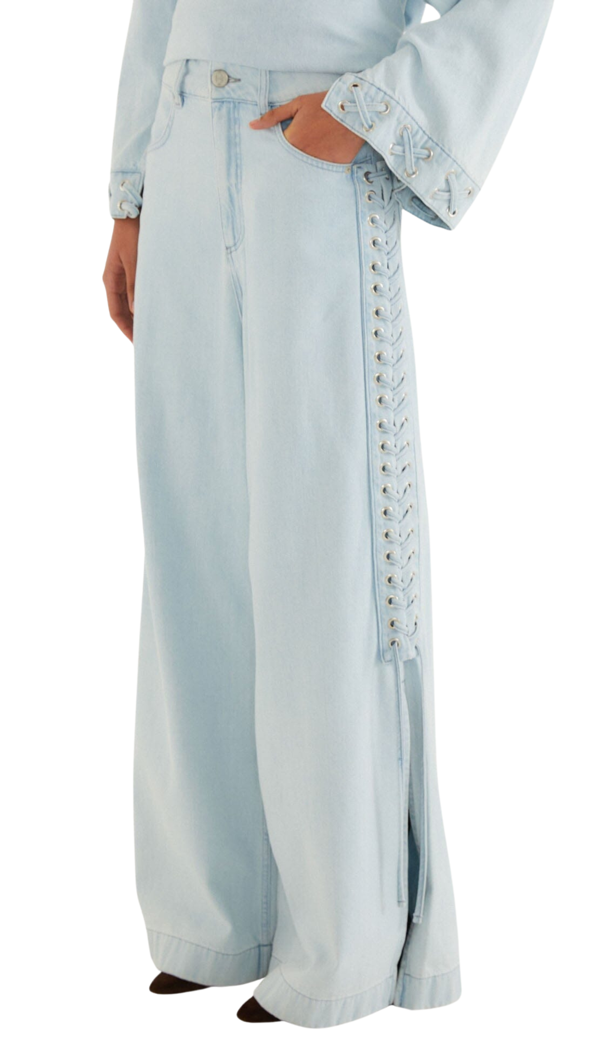 Light Denim Ties Wide-Leg Pants