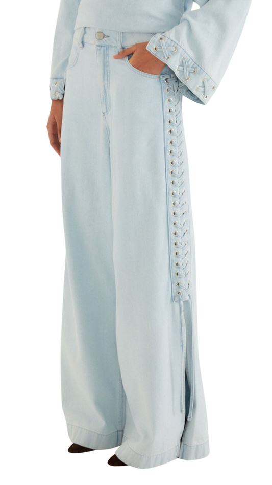 Light Denim Ties Wide-Leg Pants