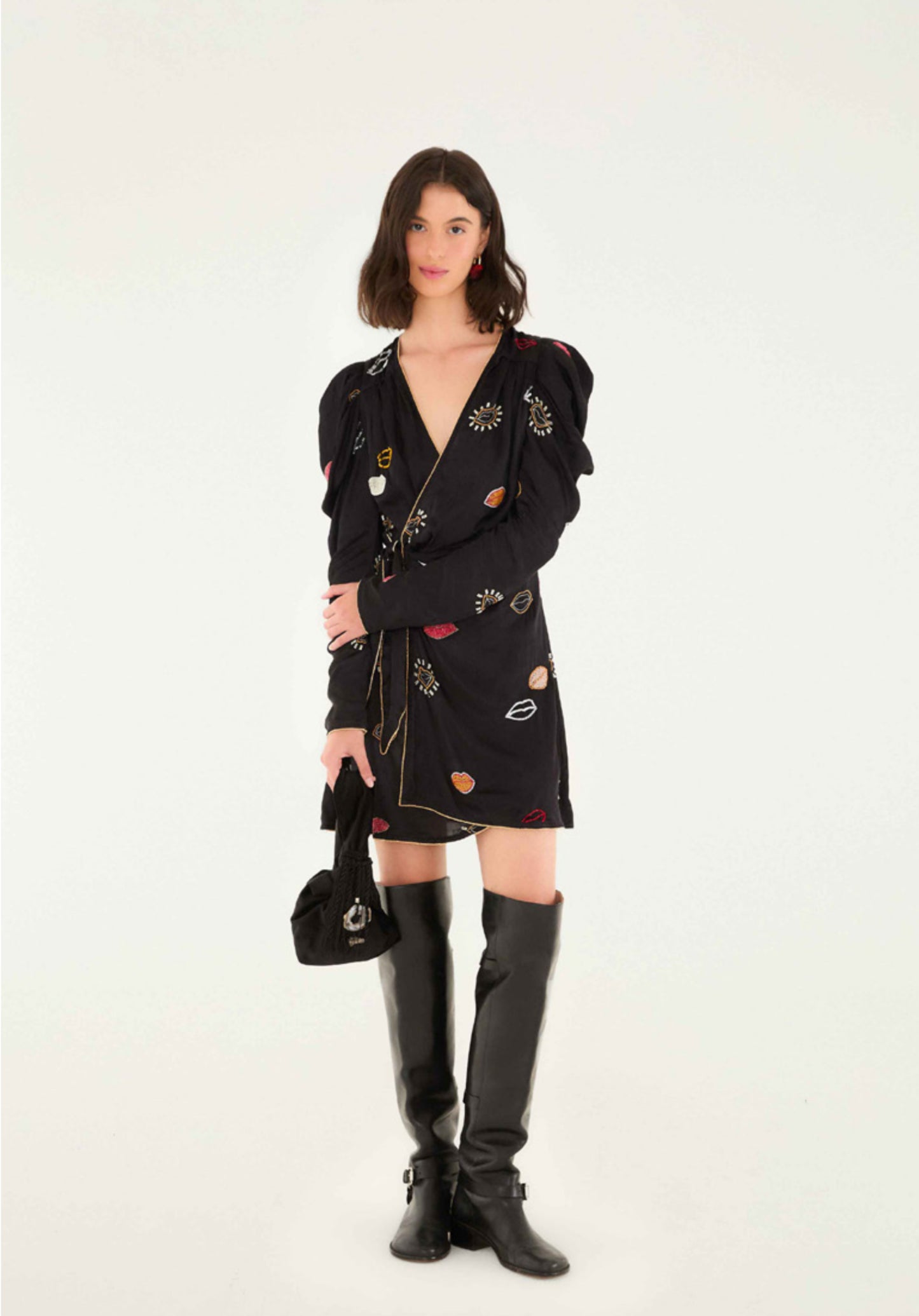 Black Beaded Kisses Viscose Wrap Mini Dress