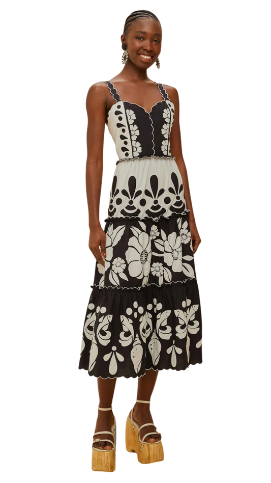 Black And White Summer Cutwork Organic Cotton Midi Dress