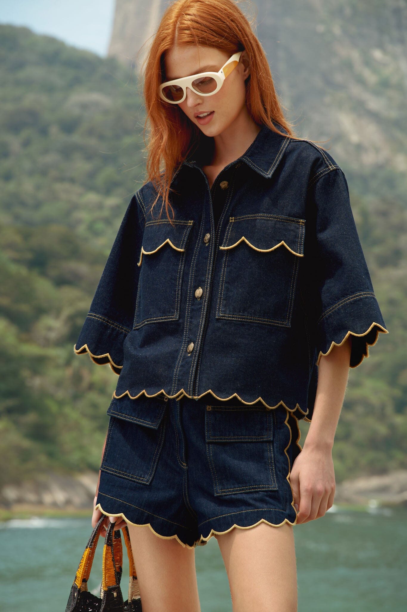 Dark Denim Wavy Hem Short Set