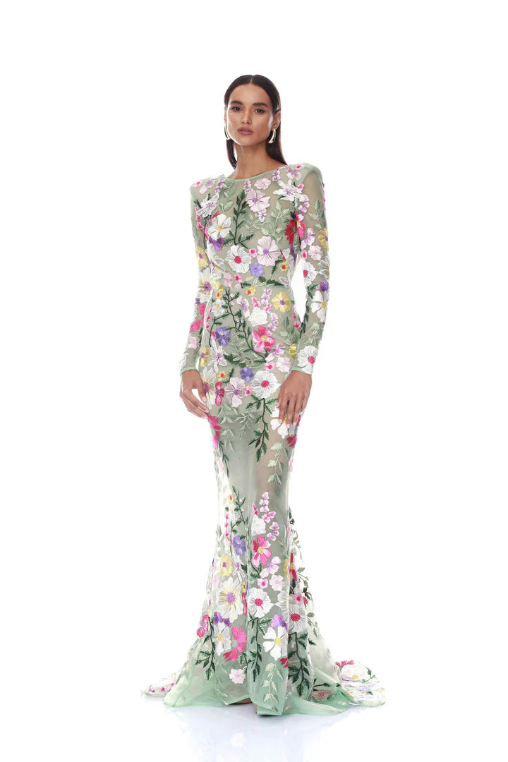 Juliette Floral Embroidered Mint Long Sleeve Gown