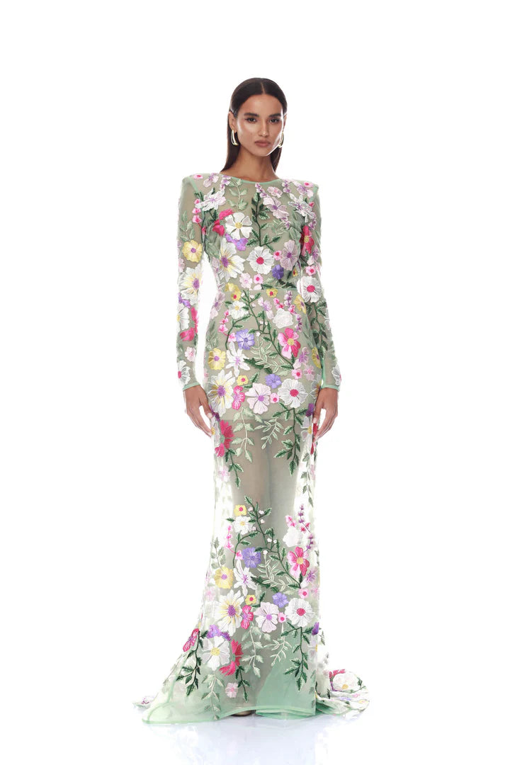 Juliette Floral Embroidered Mint Long Sleeve Gown