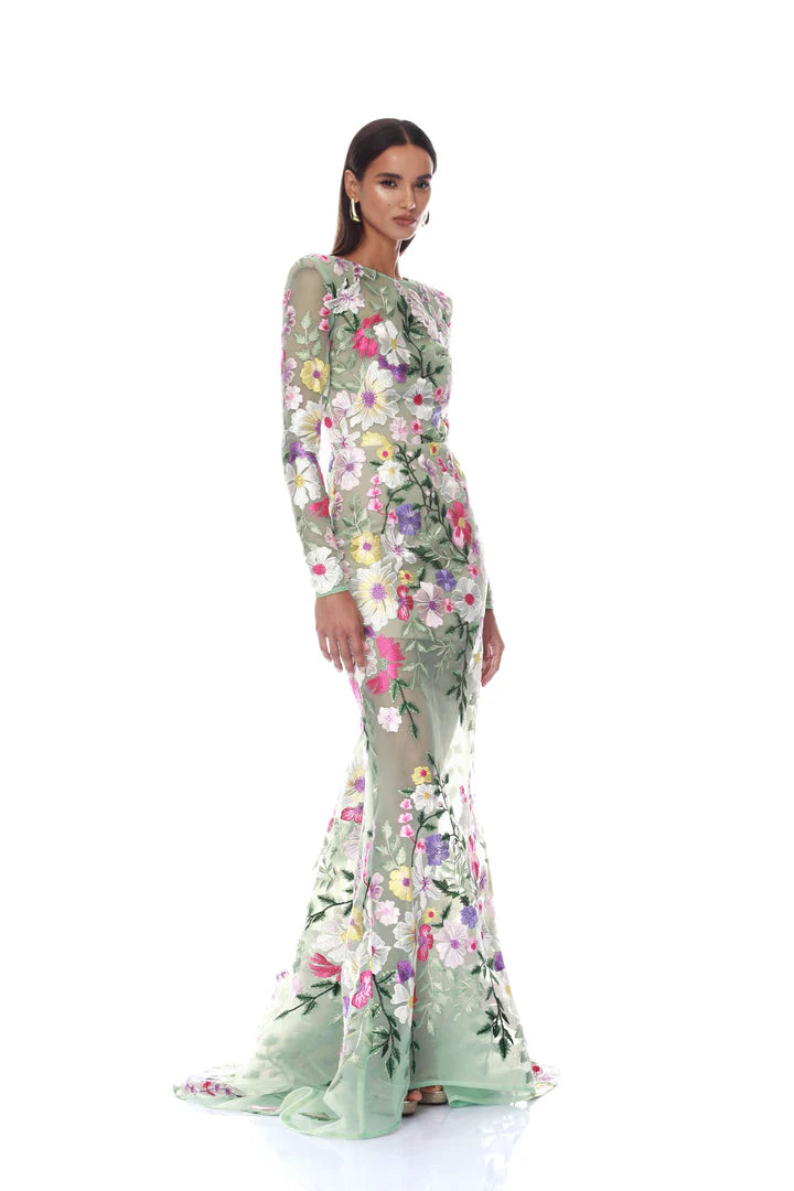 Juliette Floral Embroidered Mint Long Sleeve Gown