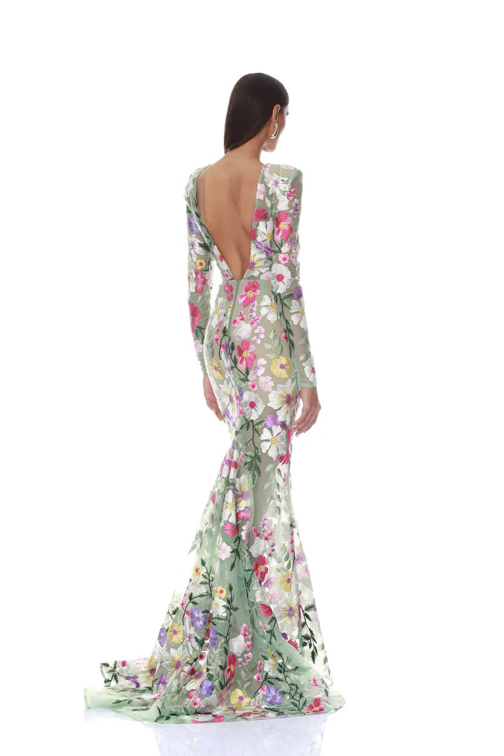 Juliette Floral Embroidered Mint Long Sleeve Gown