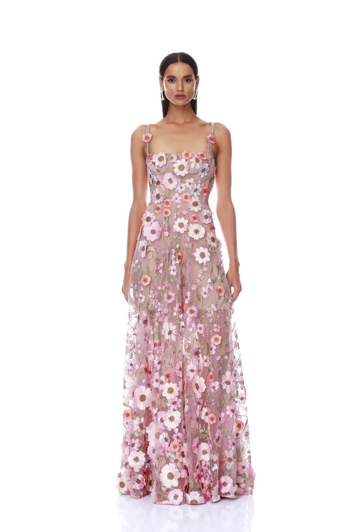 Venice 3D Floral Jasmine Pink Multi Maxi Gown