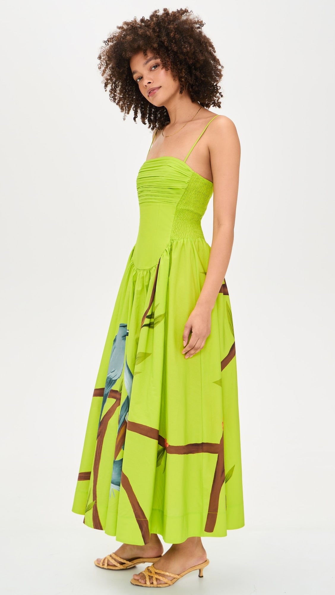 Green Birds Smocked Maxi Dress