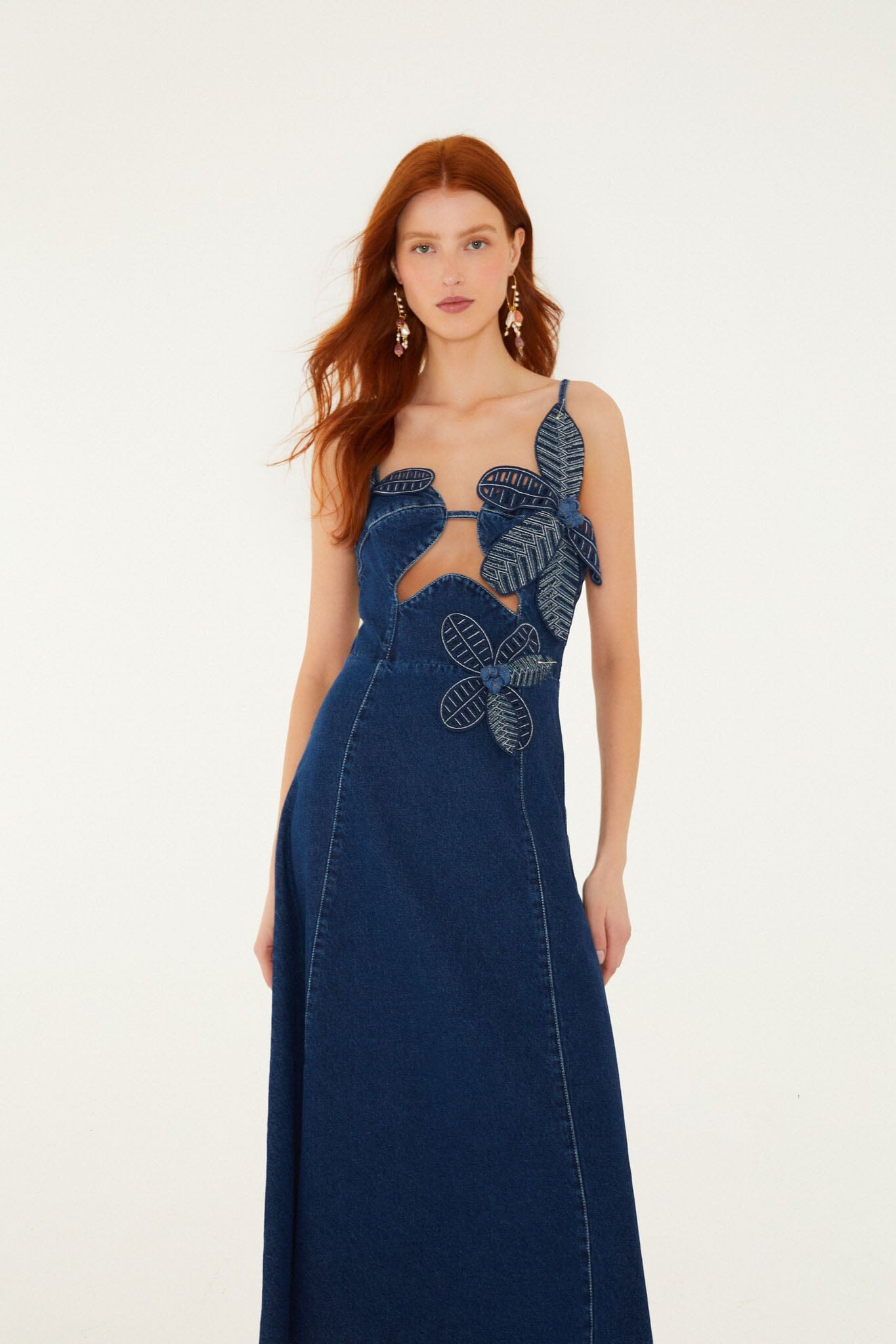 Denim 3d Flower Cut-Out Midi Dress