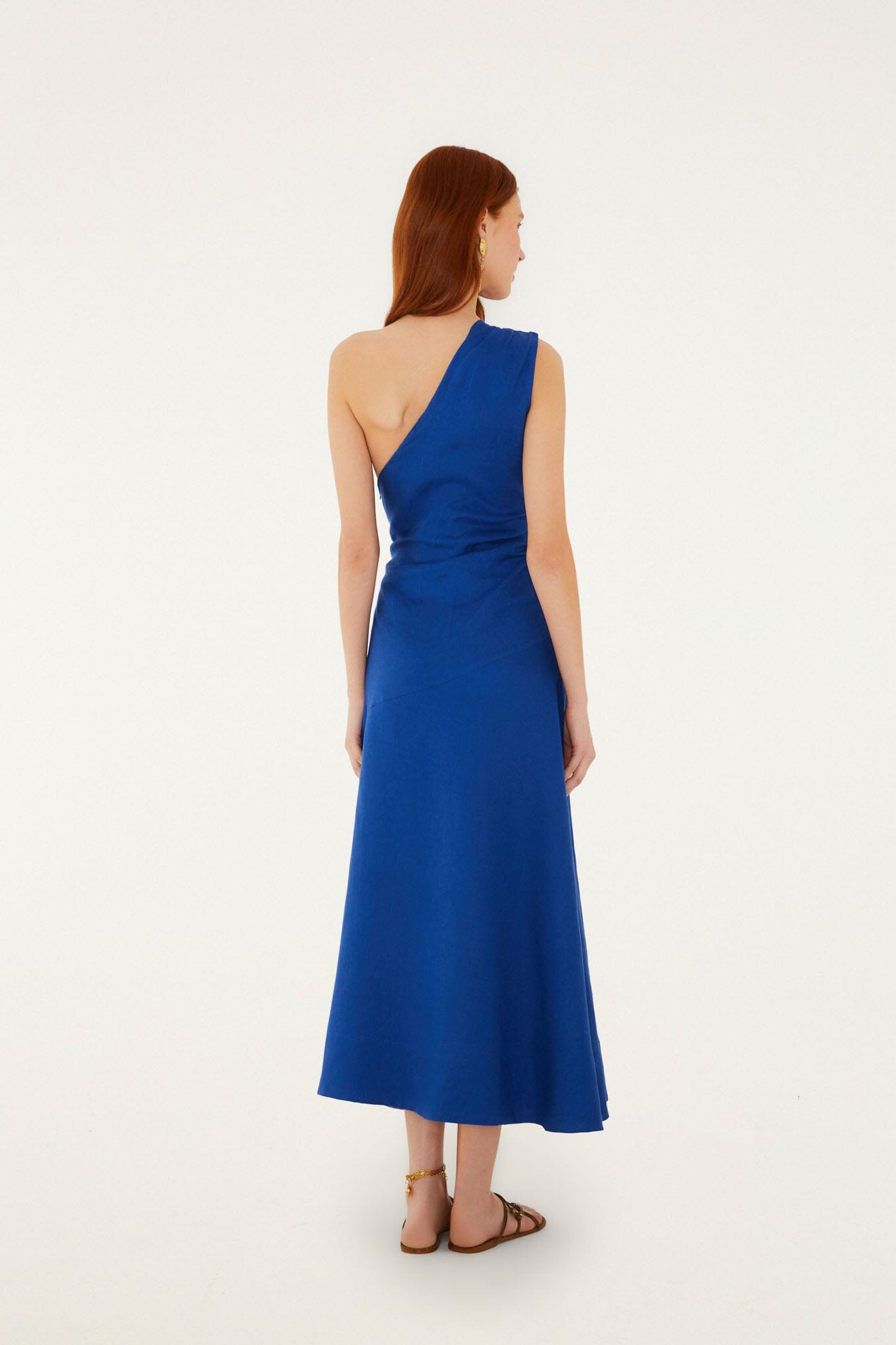 Blue Seahorse Embroidery One-Shoulder Maxi Dress