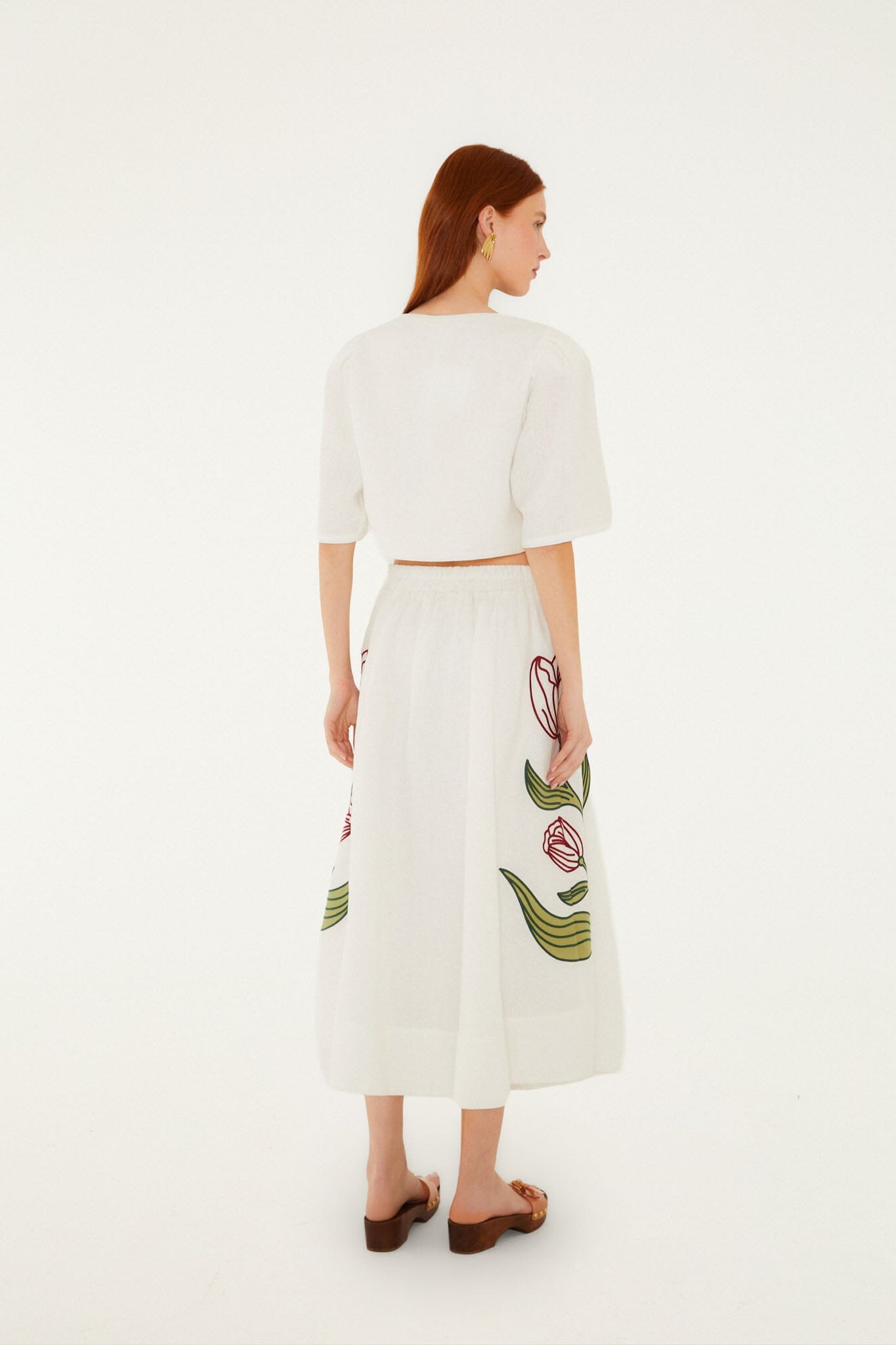 Off-White Flower Embroidered Skirt Set