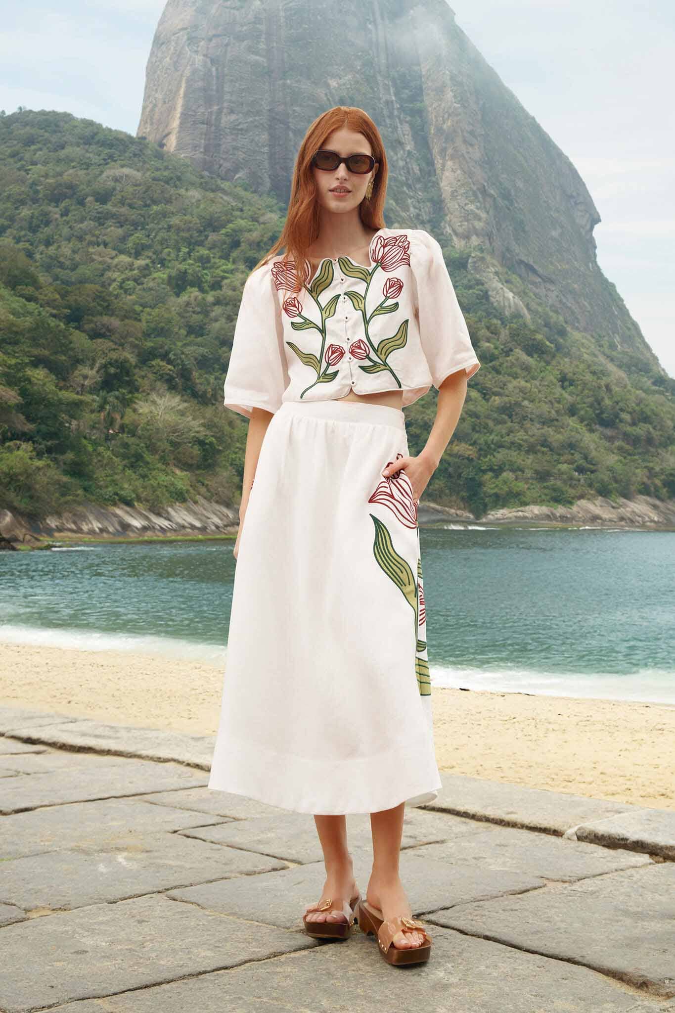 Off-White Flower Embroidered Skirt Set