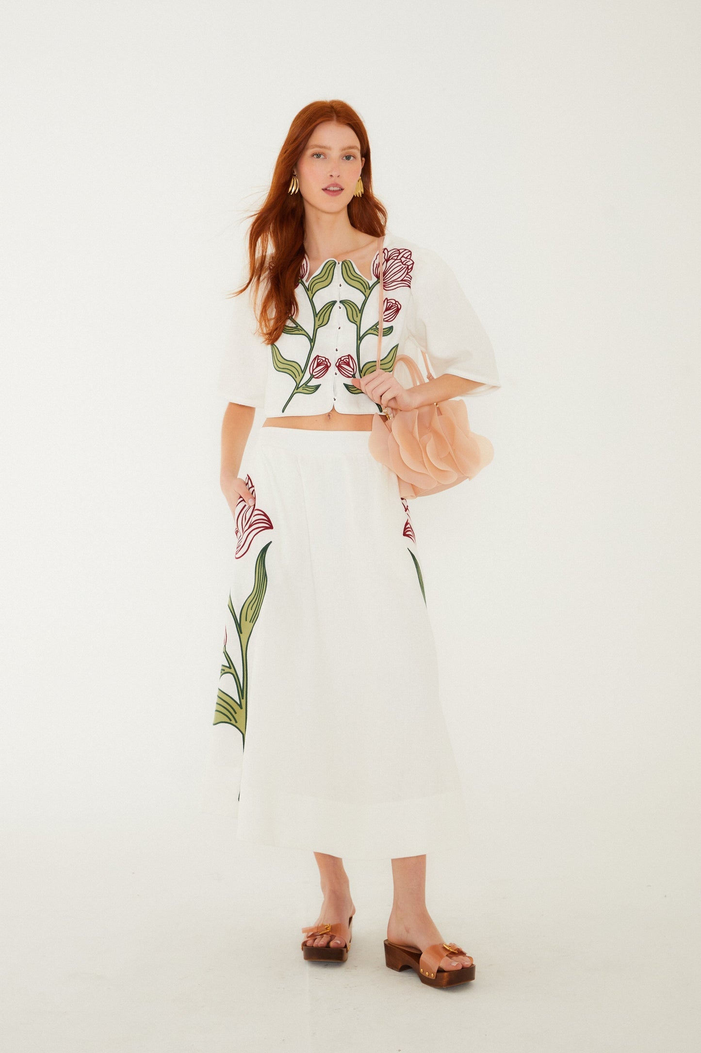Off-White Flower Embroidered Skirt Set