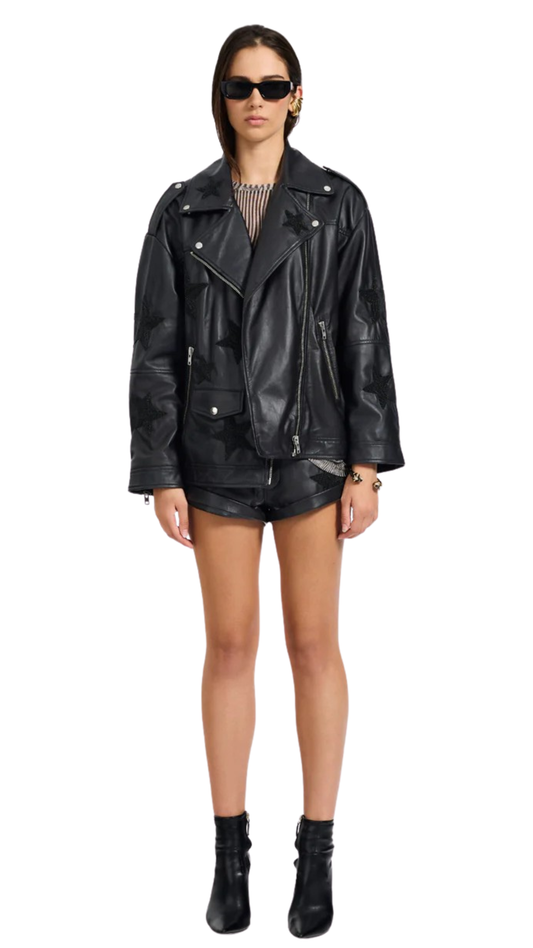 Biker Boyfriend Embellished Moto Leather Jacket- Black Star