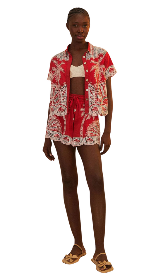 Red Palm Trees Embroidered Short Set