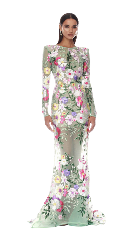 Juliette Floral Embroidered Mint Long Sleeve Gown
