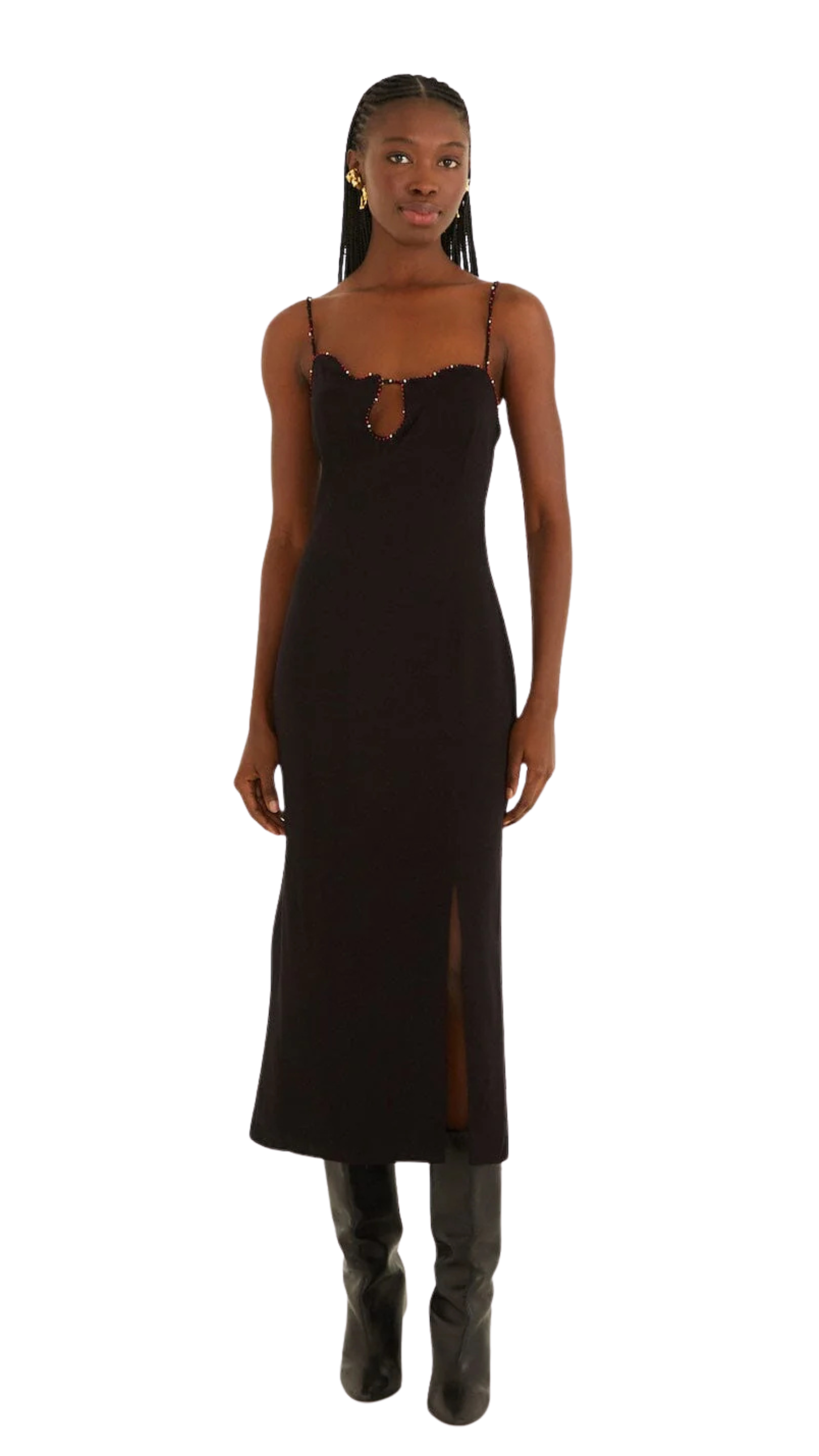 Black Beaded Neckline Sleevless Midi Dress