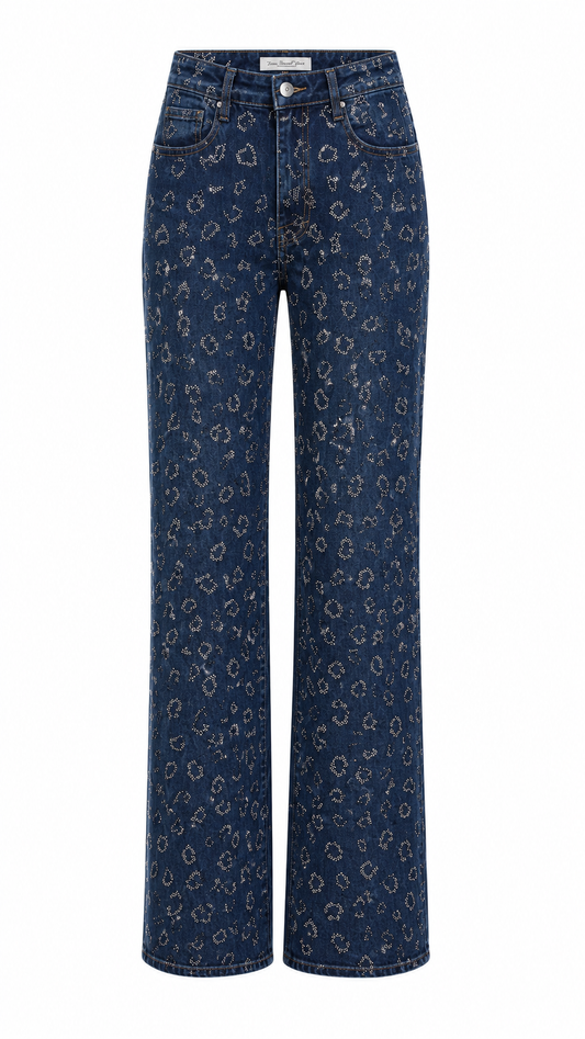 Leopard Crystal Straight Leg Jeans - silver