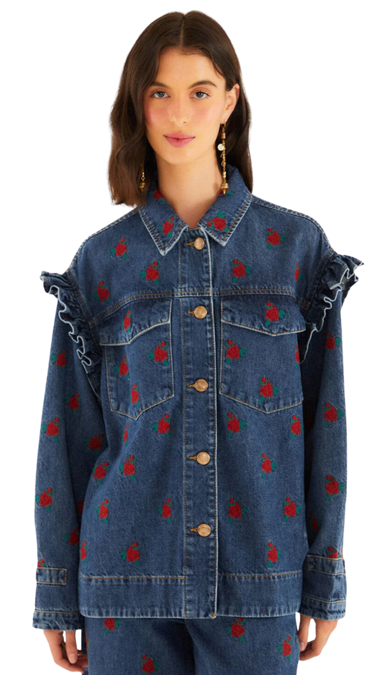 Denim Embroidered Flowers Shirt