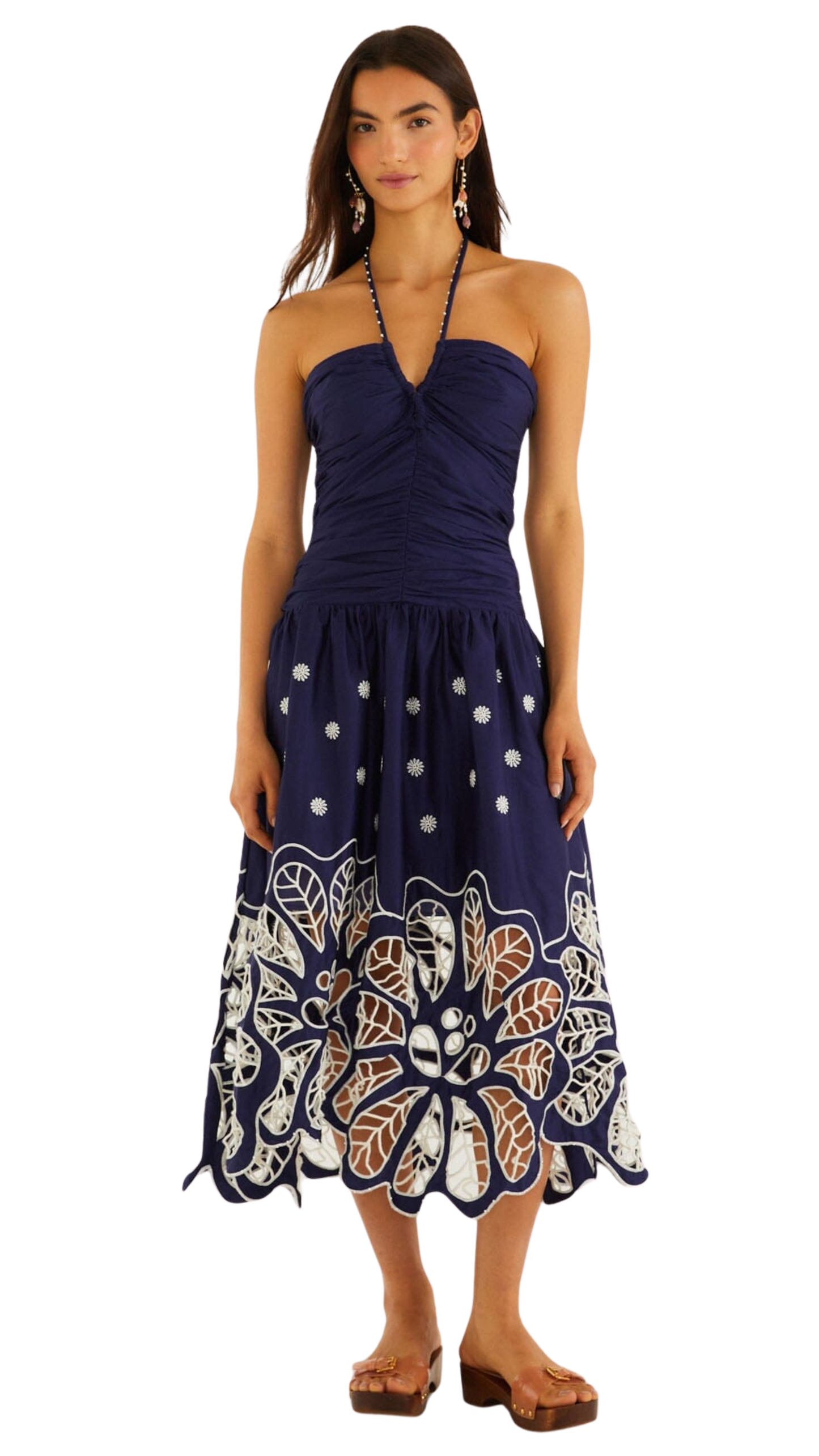 Navy Blue Embroidered Richelieu Midi Dress