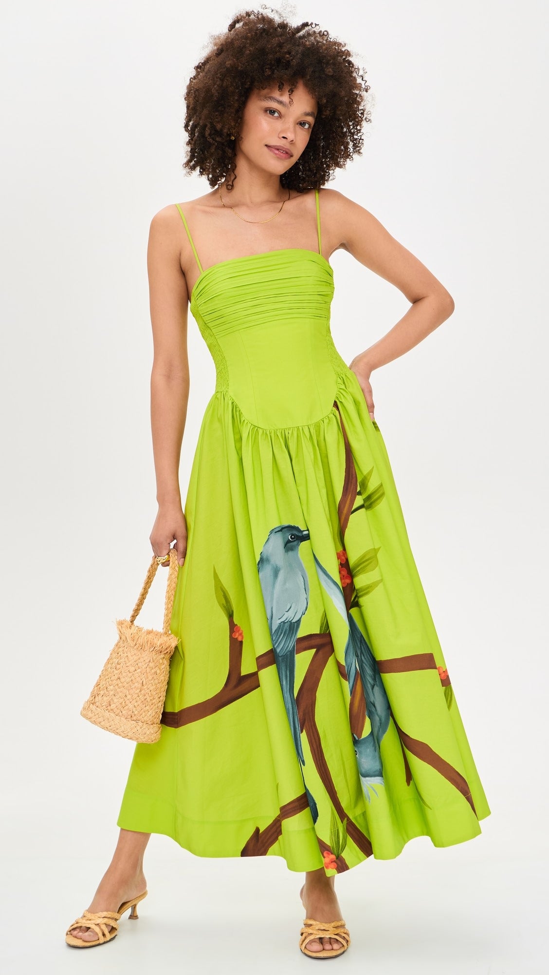 Green Birds Smocked Maxi Dress
