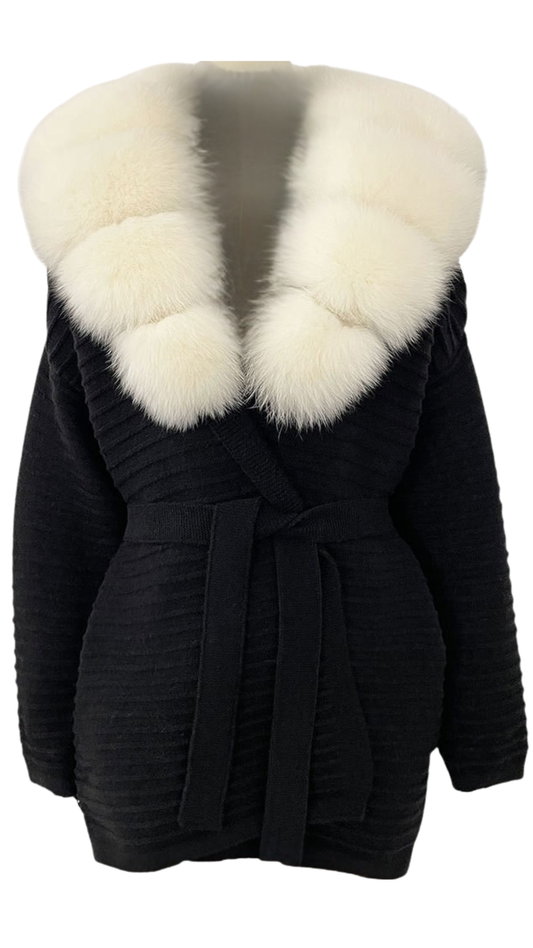 The Luxe Fox Fur Knit Cardigan- Black/White
