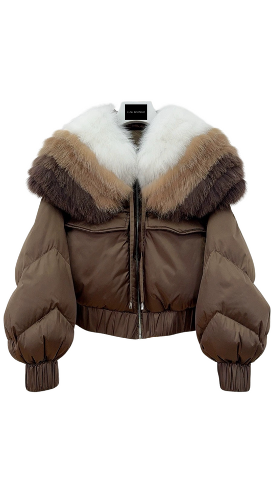 Janna Fox Collar Fur Puffer Jacket- Brown