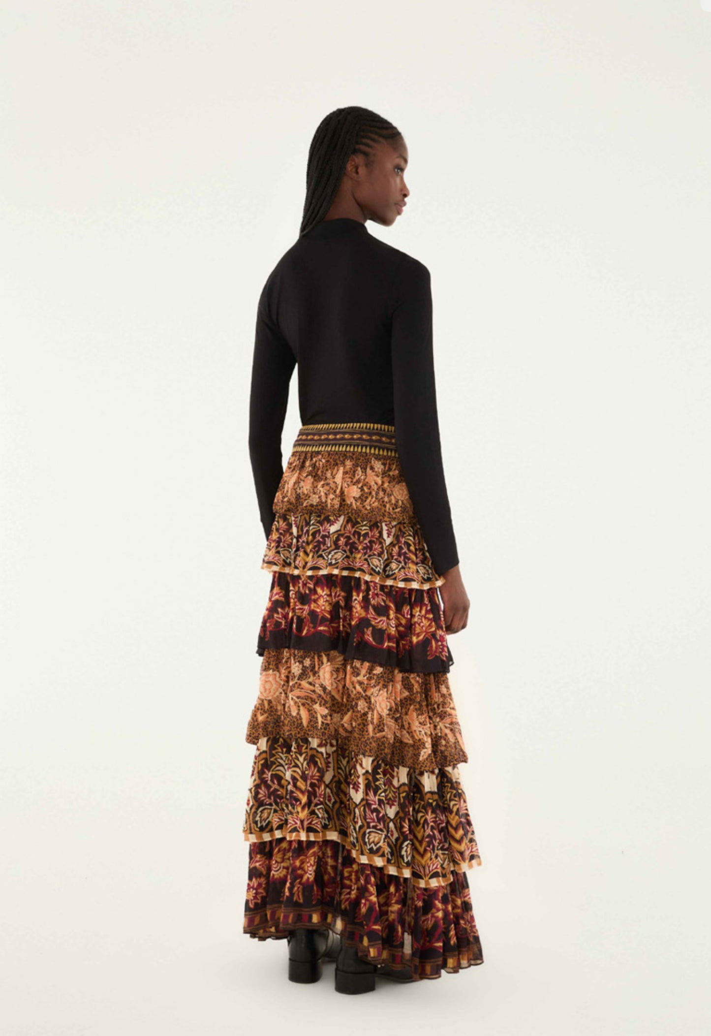 Mixed Scarves Ruffled Maxi Skirt