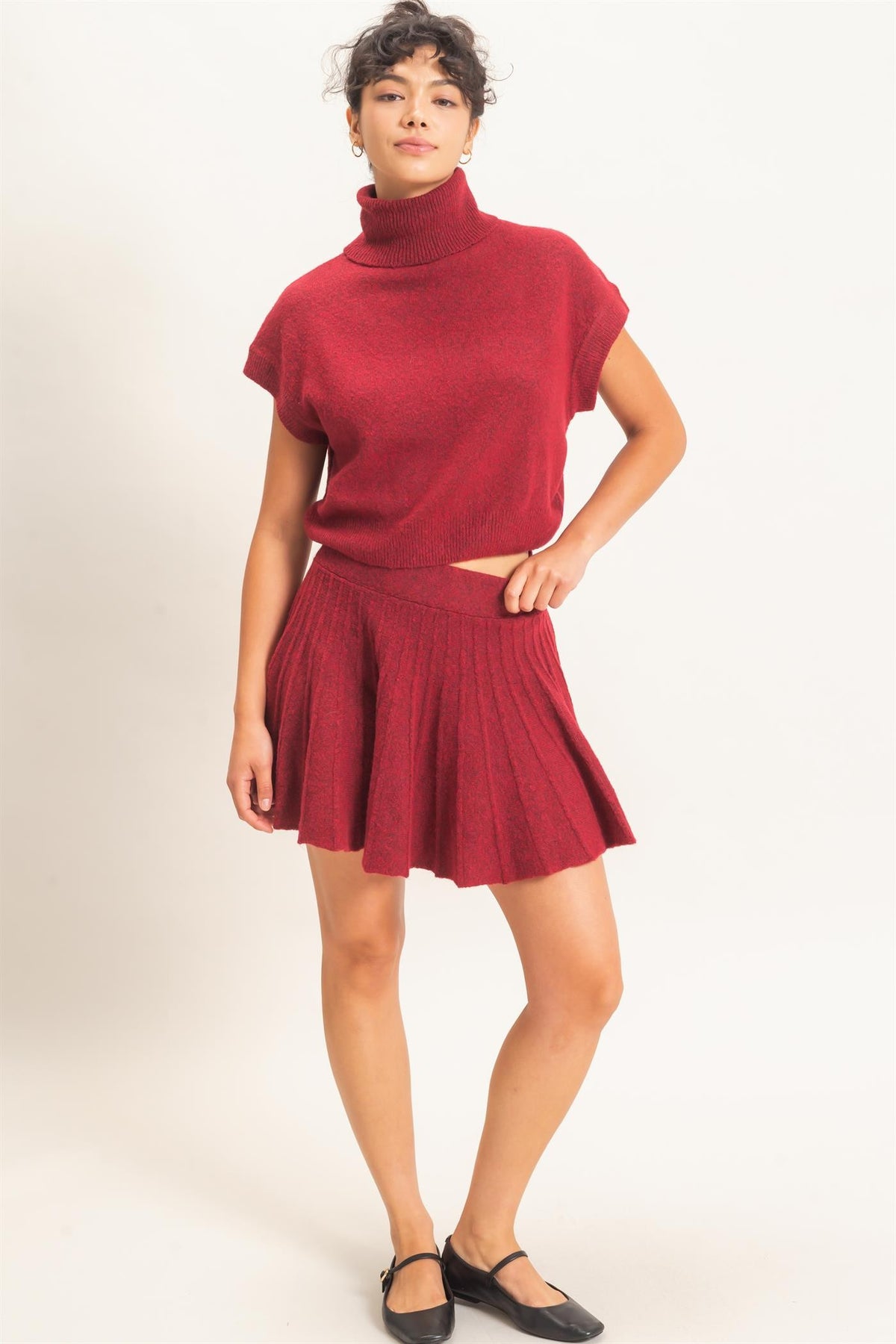 Sofia Turtleneck Knit Skirt Set - Cherry