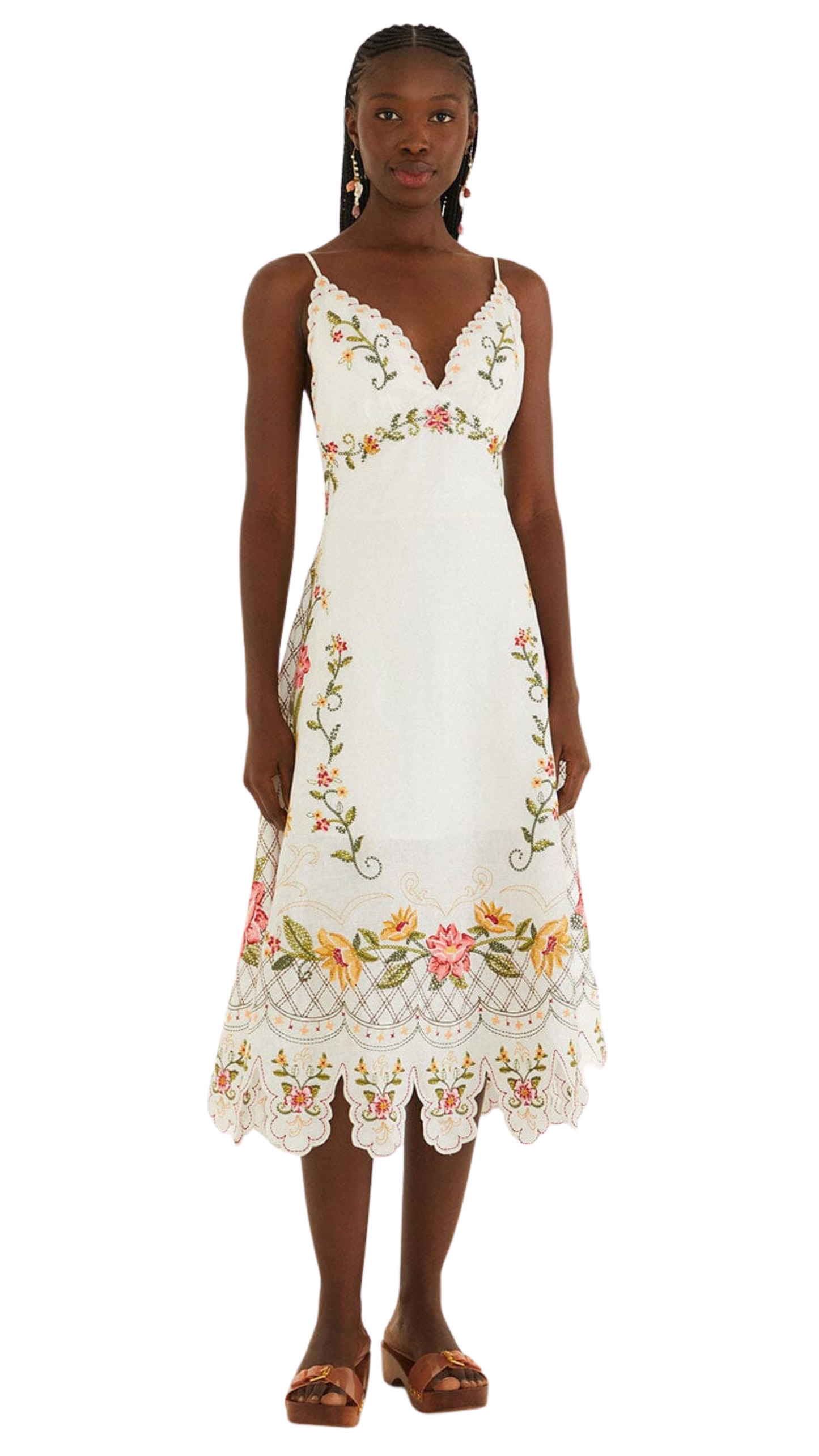 Off-White Flower Embroidery Asymetric Hem Midi Dress