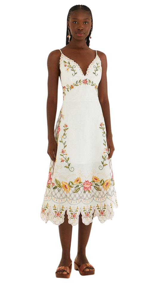 Off-White Flower Embroidery Asymetric Hem Midi Dress