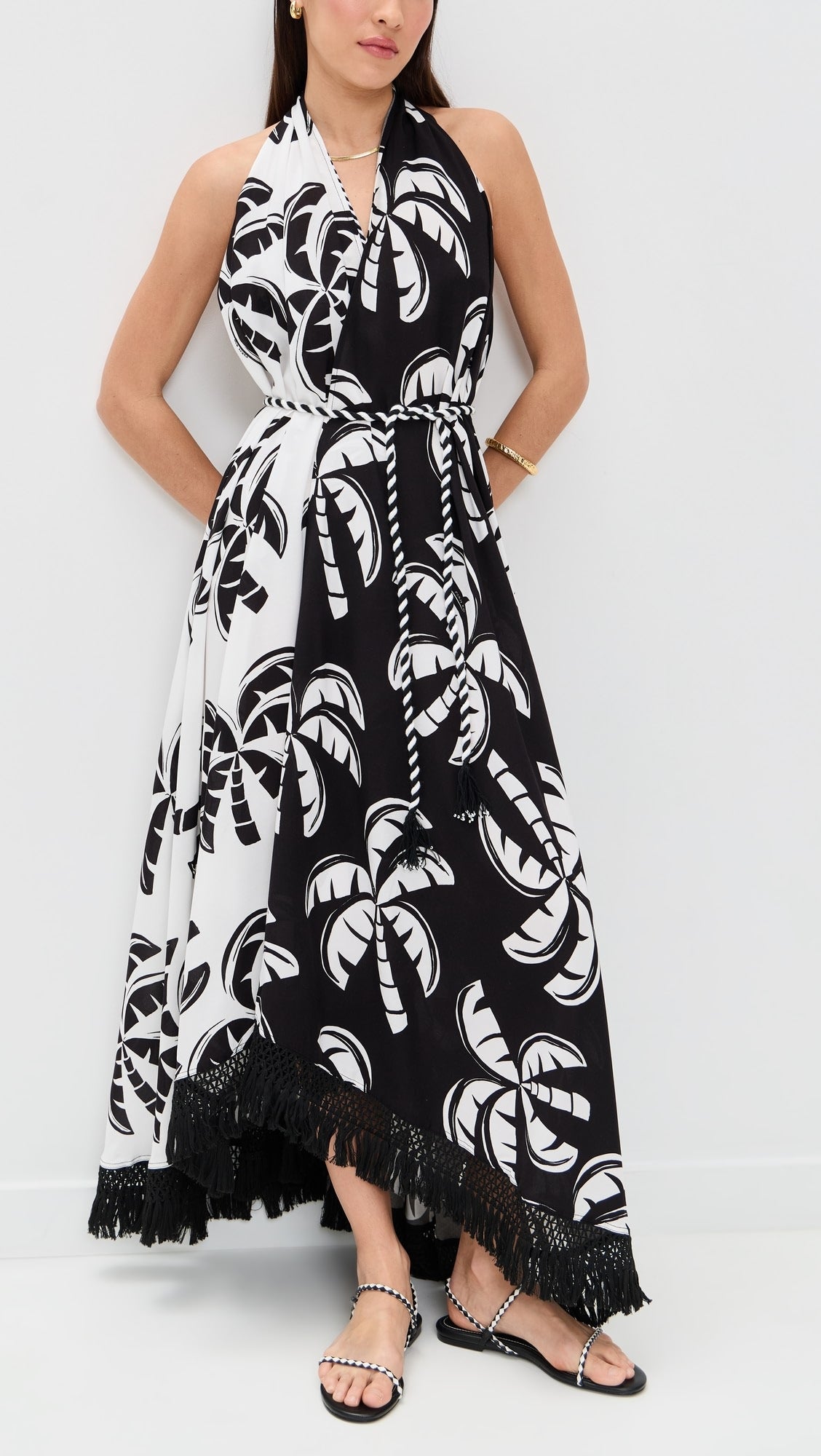 Black And White Graphic Palms Belted Maxi Dress