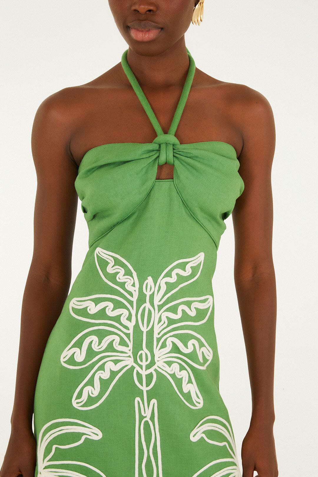 Green Palm Tree Embroidered Halter Neck Midi Dress