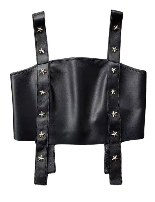 Stars Studs Black Leather Crop Top