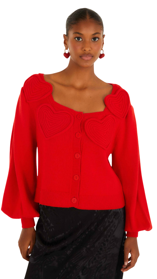 Red 3d Heartful Puff Sleeve Knit Cardigan