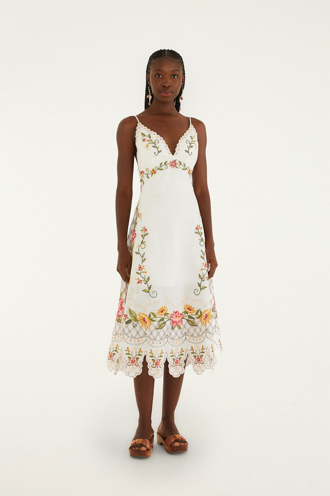 Off-White Flower Embroidery Asymetric Hem Midi Dress